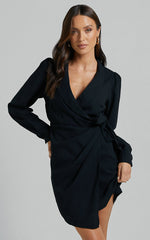 Immogen Mini Dress - Fixed Wrap Dress in Black