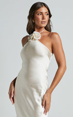Keithy Maxi Dress - Rosette Halter Neck Slip Dress in Champagne