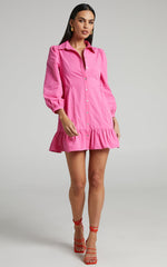 Maulee Mini Dress - Frill Hem Shirt Dress in Pink