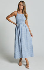 Aimie Midi Dress - Strappy Halter Neck Shirred Top in Blue Gingham Check