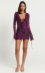 Alesya Mini Dress - Ruffle Plunge Neck Long Sleeve Tie Detail Dress in Royal Adeana