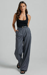 Romola Trousers - Low Rise Relaxed Pocket Flap Detail Straight Leg Trousers in Charcoal