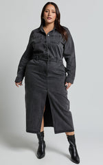 Alison Midi Dress - Long Sleeve Front Split Denim Dress in Washed Black