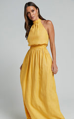 Amalie The Label - Shepard Linen Blend Halter Neck Maxi Dress in Yellow