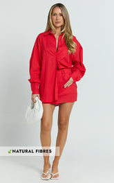 Dream Linen Blend Skort - High Waisted A Line Skort in Red
