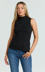 Barbara Top - High Neck Sleeveless With Side Split Top in Black
