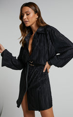 Beca Mini Dress - Crinkle Button Up Shirt Dress with Buckle Hardware Detail in Black