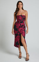 Brailey Midi Dress - Thigh Split Strapless Dress in BLACK/PINK