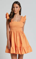 Brynlee Mini Dress - Elastic Chest Flutter Sleeve Hem Dress in Mandarin