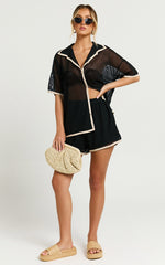 Cade Two Piece Top and Shorts Set - Trim Knit Short Set in Black/Tan