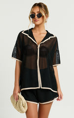 Cade Two Piece Top and Shorts Set - Trim Knit Short Set in Black/Tan