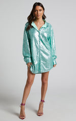 Cally Mini Dress - Oversized Shirt Dress in Aqua Sequin