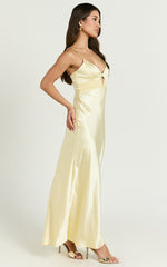 Charvie Maxi Dress - V Neck Cut Out Detail Satin Slip Dress in Lemon