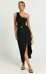 Claudia Two Piece Set - Linen Look One Shoulder Button Down Top and Midi Skirt Set in Black