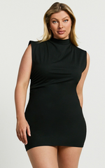 Carleigh Mini Dress - High Neck Ruched Bodycon Dress in Black