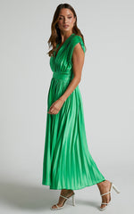 Della Midi Dress - Plunge Neck Short Sleeve Pleated Dress in Green
