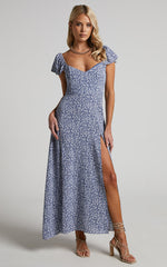 Donissa Midi Dress - Thigh Split Flutter Sleeve Dress in Blue
