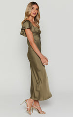 Emberlynn Midi Dress - Flutter Sleeve Cut Out Satin Dress in Dark Olive