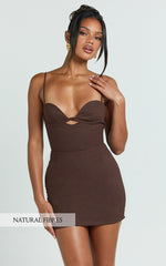 Frances Mini Linen Blend Dress - Ruched Lace Up Back Dress in Chocolate