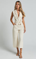 Griffin Jumpsuit - Collared Tie Waist Jumpsuit in Stone