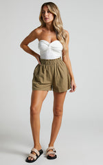 Hiromi Shorts - High Waisted Linen Look A-Line Shorts in Khaki