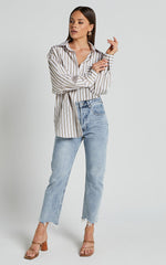 Jaycey Shirt - Long Sleeve Pocket Detail Shirt in Beige Stripe