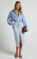 Jaycey Shirt - Long Sleeve Pocket Detail Shirt in Navy Stripe