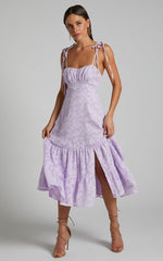 Jovena Midi Dress - Gathered Bodice Tiered Dress in Lilac