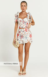 Kelsie Mini Skirt - Linen Mid Waist Side Split Skirt in Summer Chintz