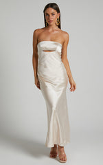 Kira Midi Dress - Strapless Cut Out Satin Dress in Champagne