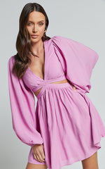 Klarika Mini Dress - Bishop Sleeve Cut Out Dress in Rose