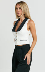 Laurel Top - Contrast Shawl Collar Button Down Vest Top in Off White & Black