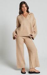 Livia Jumper - Knitted V Neck Collared Jumper in Beige Marl