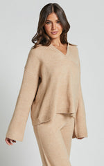 Livia Jumper - Knitted V Neck Collared Jumper in Beige Marl