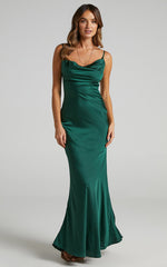 Lunaria Maxi Dress - Cowl Mermaid Slip Dress in Emerald Satin