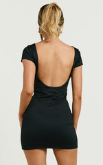 Miley Mini Dress - Short Sleeve Boat Neck Low Back Dress in Black