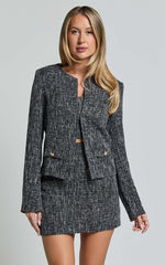 Olympia Jacket - Long Sleeve Boucle Jacket in Black