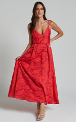 Philine Midi Dress - Jacquard Plunge Fit and Flare Dress in RED