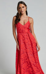 Philine Midi Dress - Jacquard Plunge Fit and Flare Dress in RED