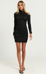 Raquel Mini Dress - One Shoulder Long Sleeve Ruched Dress in Black