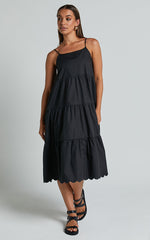 Siony Midi Dress - Scoop Neck Strappy Scallop Hem Tiered Dress in Black