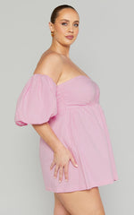 Sula Mini Dress - Asymmetric Off One Shoulder Puff Sleeve Dress in Pink