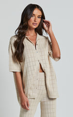Tommy Two Piece Set - Knit Button Through Top and Pants Two Piece Set in Sand
