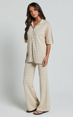 Tommy Two Piece Set - Knit Button Through Top and Pants Two Piece Set in Sand