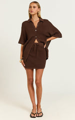 Tristan Top - Crochet Knit Button Through Collared Shirt in Chocolate