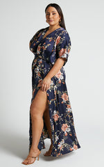Vacay Ready Maxi Dress - Plunge Thigh Split Dress in Navy Multi Floral