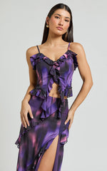 Velma Top - Recycled Ruffle Detail Blur Print Cami Top in Violet Night Print