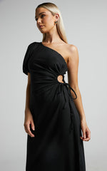 Victoria Midi Dress - Linen One Shoulder Puff Sleeve Cut Out Dress in Black