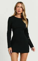 Victoria Mini Dress - Long Sleeve Ribbed Jersey Dress in Black