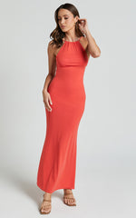 Yuri Midi Dress - High Neck Sleeveless Mermaid Dress in Coral